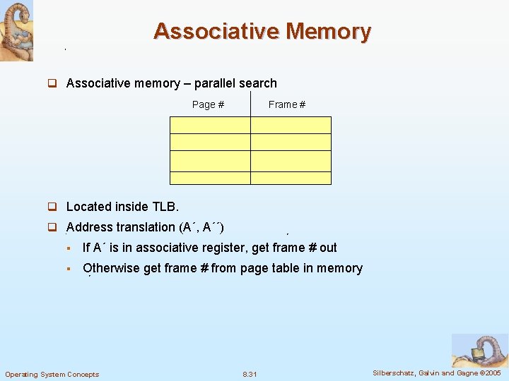 Associative Memory q Associative memory – parallel search Page # Frame # q Located
