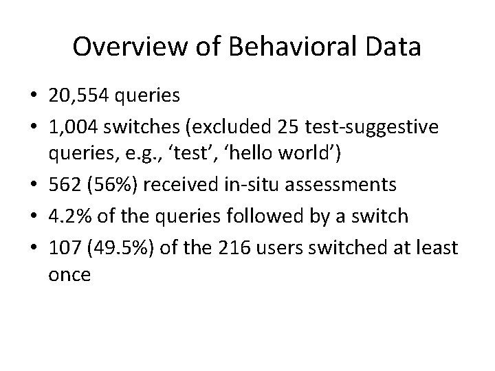 Overview of Behavioral Data • 20, 554 queries • 1, 004 switches (excluded 25