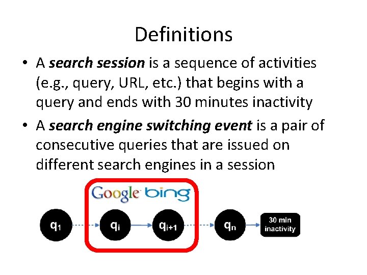 Definitions • A search session is a sequence of activities (e. g. , query,