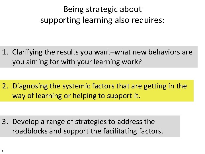 Being strategic about supporting learning also requires: 1. Clarifying the results you want–what new