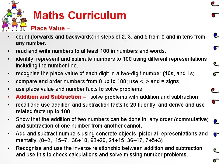 Maths Curriculum • • • Place Value – count (forwards and backwards) in steps