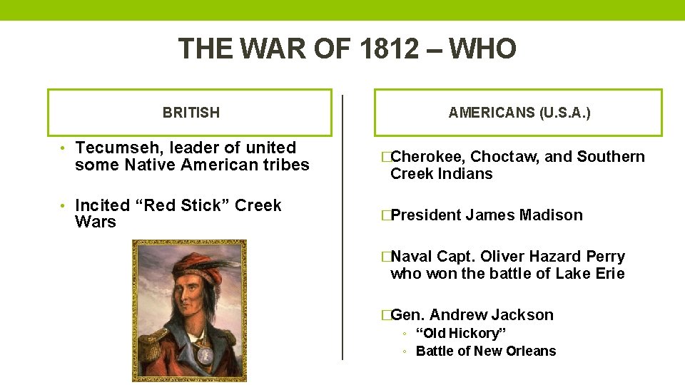 THE WAR OF 1812 – WHO BRITISH • Tecumseh, leader of united some Native