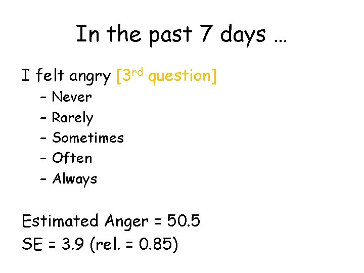 In the past 7 days … I felt angry [3 rd question] – –