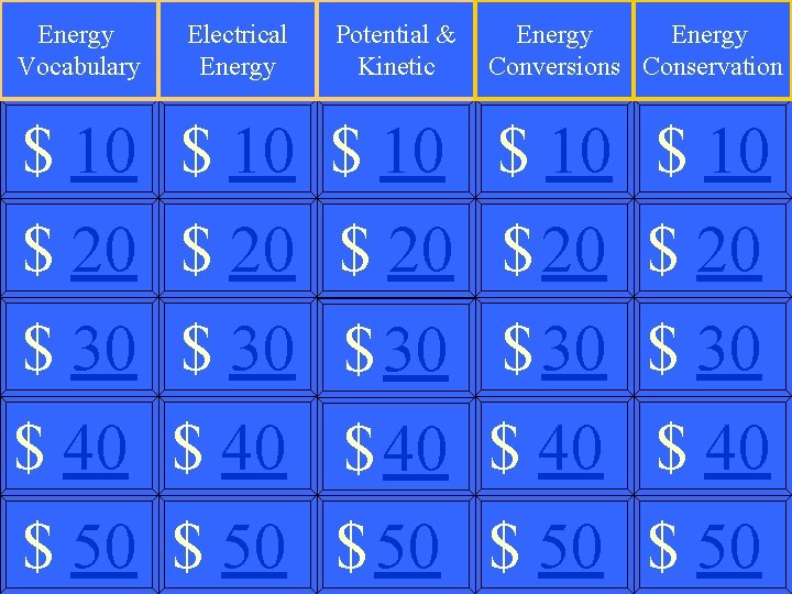 Energy Vocabulary Electrical Energy Potential & Kinetic Energy Conversions Conservation $ 10 $ 10