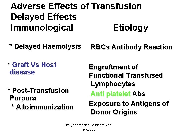 Adverse Effects of Transfusion Delayed Effects Immunological Etiology * Delayed Haemolysis RBCs Antibody Reaction