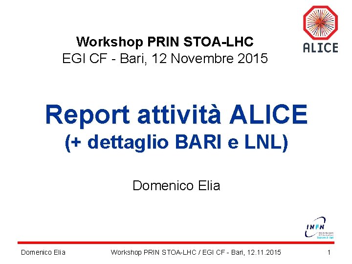 Workshop PRIN STOA-LHC EGI CF - Bari, 12 Novembre 2015 Report attività ALICE (+