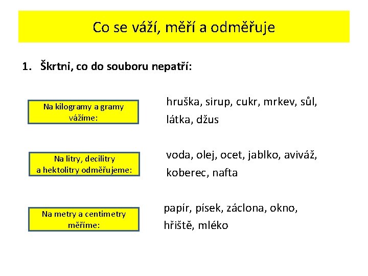 Co se váží, měří a odměřuje 1. Škrtni, co do souboru nepatří: Na kilogramy