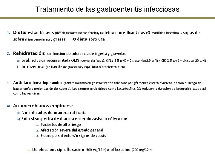 Tratamiento de las gastroenteritis infecciosas 1. Dieta: evitar lácteos (déficit de lactosa transitorio), cafeína Tratamiento de las gastroenteritis infecciosas 1. Dieta: evitar lácteos (déficit de lactosa transitorio), cafeína