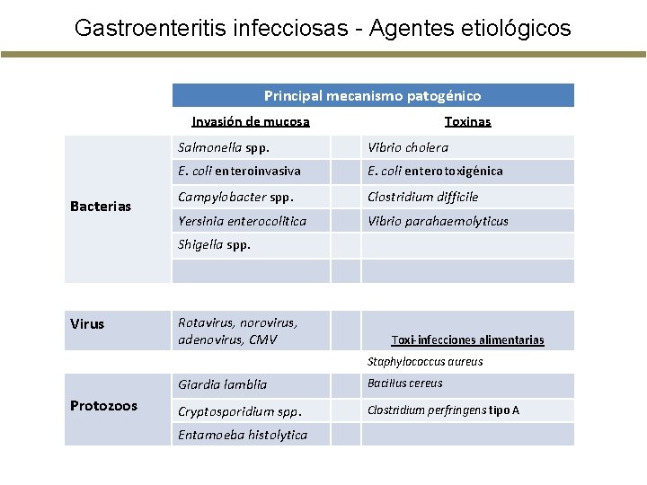 Gastroenteritis infecciosas - Agentes etiológicos Principal mecanismo patogénico Invasión de mucosa Bacterias Toxinas Salmonella Gastroenteritis infecciosas - Agentes etiológicos Principal mecanismo patogénico Invasión de mucosa Bacterias Toxinas Salmonella
