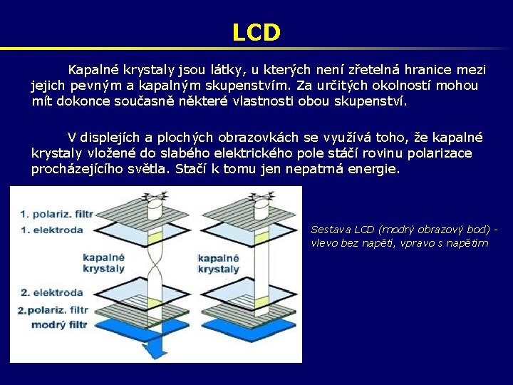LCD Kapalné krystaly jsou látky, u kterých není zřetelná hranice mezi jejich pevným a