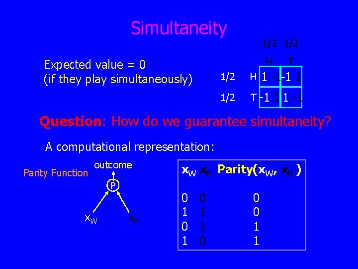 Simultaneity 1/2 H Expected value = 0 (if they play simultaneously) T 1 -1