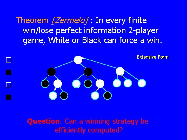 Theorem [Zermelo] : In every finite win/lose perfect information 2 -player game, White or