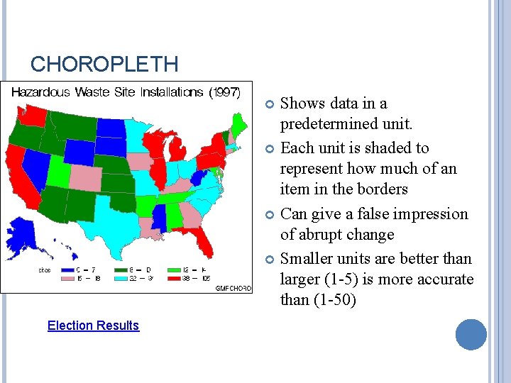 CHOROPLETH Shows data in a predetermined unit. Each unit is shaded to represent how