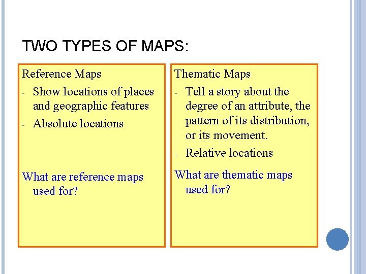 TWO TYPES OF MAPS: Reference Maps - Show locations of places and geographic features