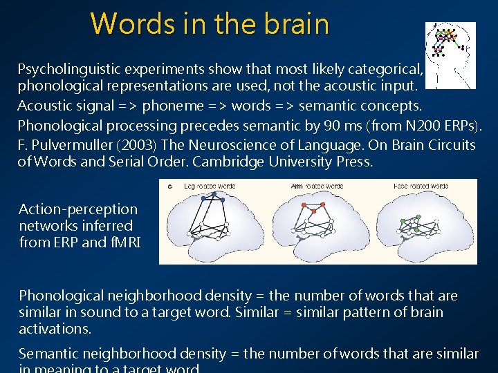 Words in the brain Psycholinguistic experiments show that most likely categorical, phonological representations are