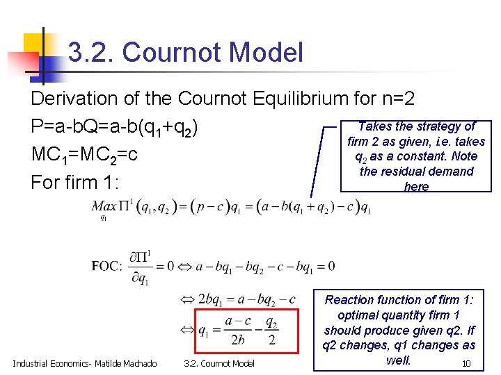 3. 2. Cournot Model Derivation of the Cournot Equilibrium for n=2 Takes the strategy