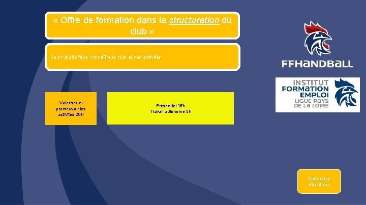  « Offre de formation dans la structuration du club » Je souhaite faire