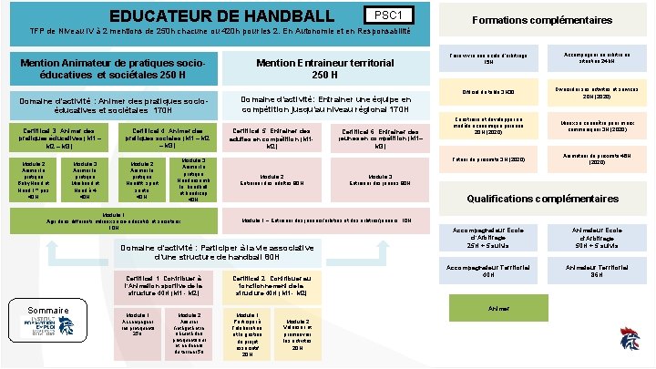 EDUCATEUR DE HANDBALL PSC 1 Formations complémentaires TFP de Niveau IV à 2 mentions