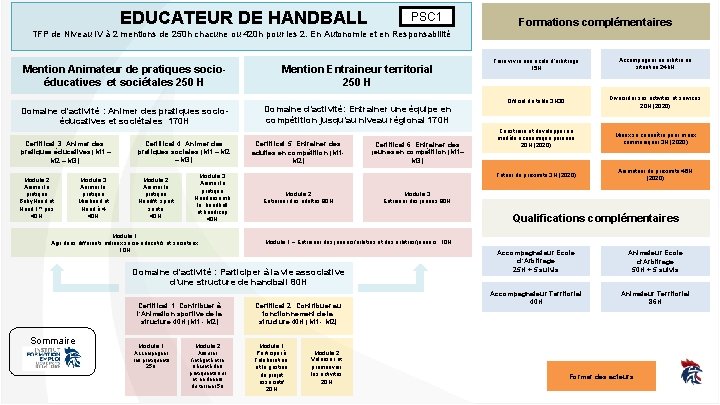 EDUCATEUR DE HANDBALL PSC 1 Formations complémentaires TFP de Niveau IV à 2 mentions