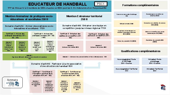 EDUCATEUR DE HANDBALL PSC 1 Formations complémentaires TFP de Niveau IV à 2 mentions