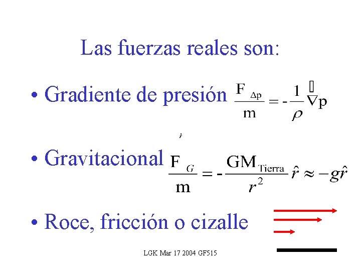 Las fuerzas reales son: • Gradiente de presión • Gravitacional • Roce, fricción o