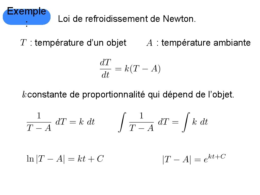 Exemple : Loi de refroidissement de Newton. : température d’un objet : température ambiante