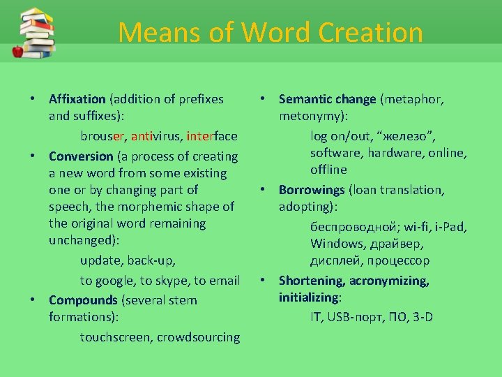 Means of Word Creation • Affixation (addition of prefixes and suffixes): brouser, antivirus, interface