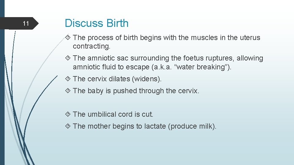 11 Discuss Birth The process of birth begins with the muscles in the uterus