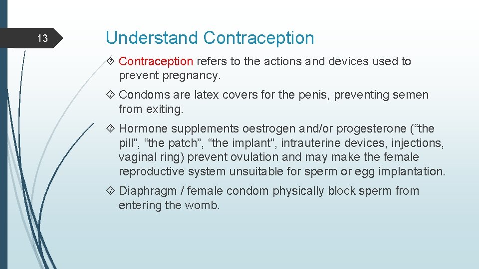 13 Understand Contraception refers to the actions and devices used to prevent pregnancy. Condoms