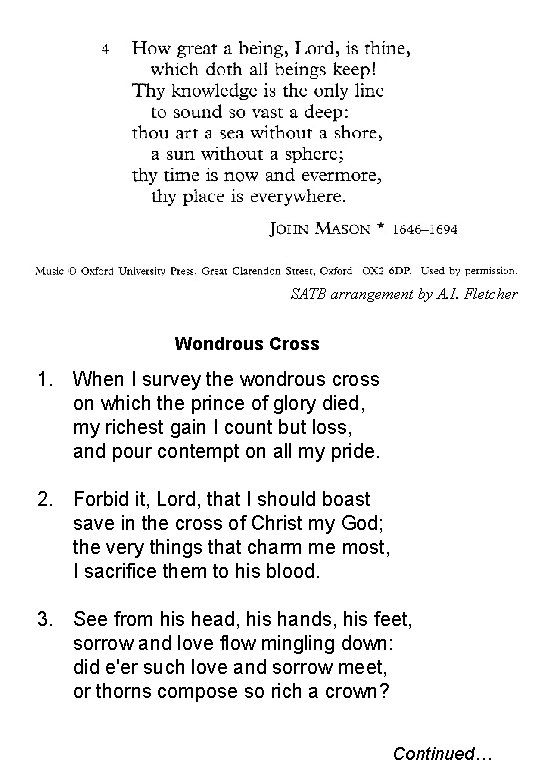 SATB arrangement by A. I. Fletcher Wondrous Cross 1. When I survey the wondrous