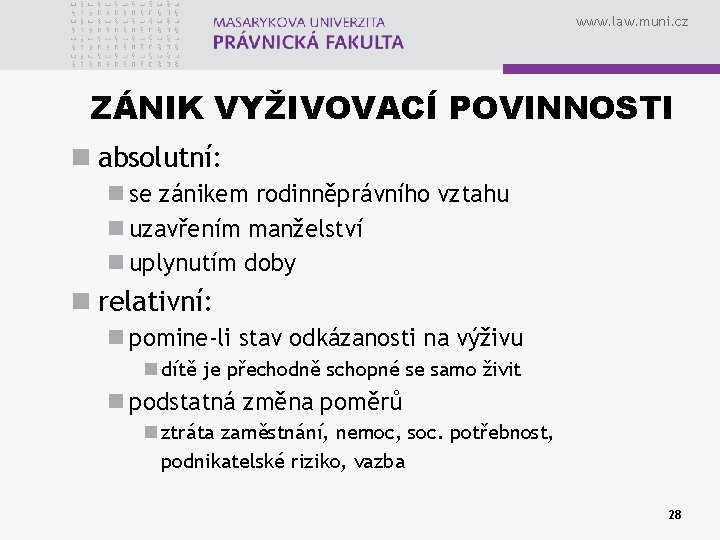 www. law. muni. cz ZÁNIK VYŽIVOVACÍ POVINNOSTI n absolutní: n se zánikem rodinněprávního vztahu