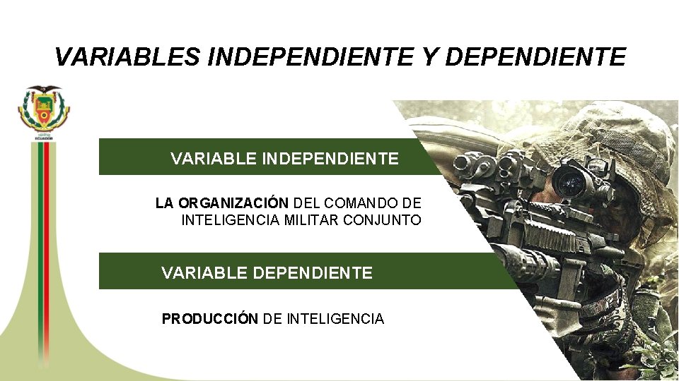 VARIABLES INDEPENDIENTE Y DEPENDIENTE VARIABLE INDEPENDIENTE LA ORGANIZACIÓN DEL COMANDO DE INTELIGENCIA MILITAR CONJUNTO