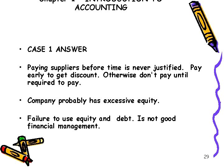 Chapter 1 – INTRODUCTION TO ACCOUNTING • CASE 1 ANSWER • Paying suppliers before