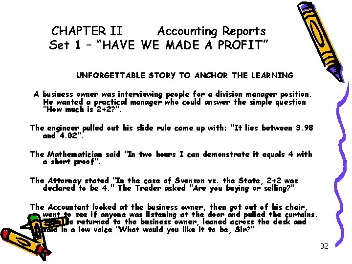 CHAPTER II Accounting Reports Set 1 – “HAVE WE MADE A PROFIT” UNFORGETTABLE STORY
