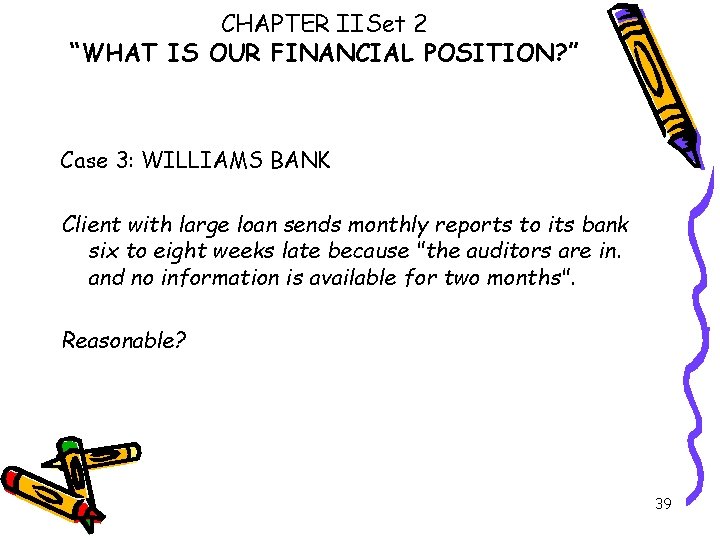 CHAPTER IISet 2 “WHAT IS OUR FINANCIAL POSITION? ” Case 3: WILLIAMS BANK Client