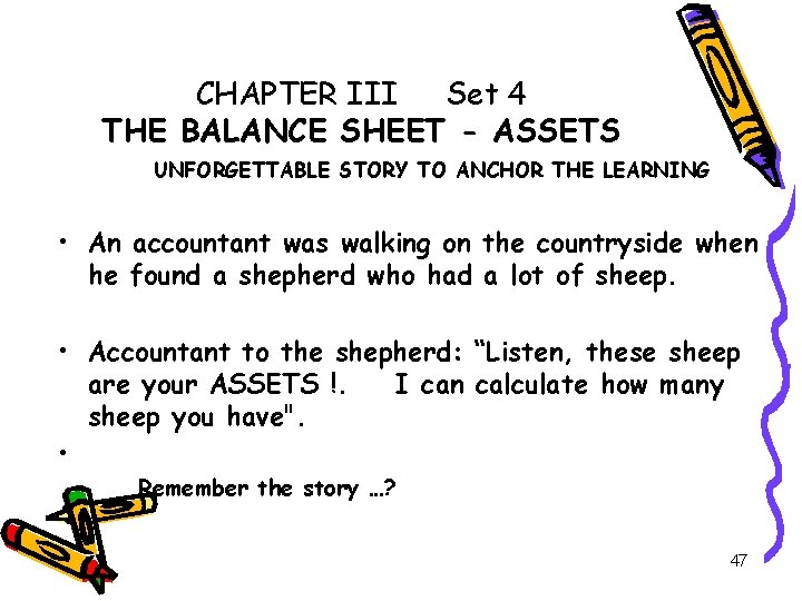 CHAPTER III Set 4 THE BALANCE SHEET - ASSETS UNFORGETTABLE STORY TO ANCHOR THE