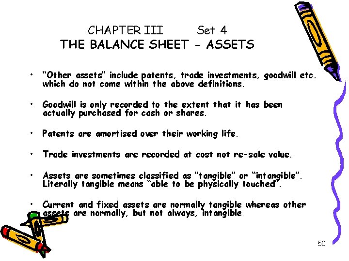 CHAPTER III Set 4 THE BALANCE SHEET - ASSETS • “Other assets” include patents,