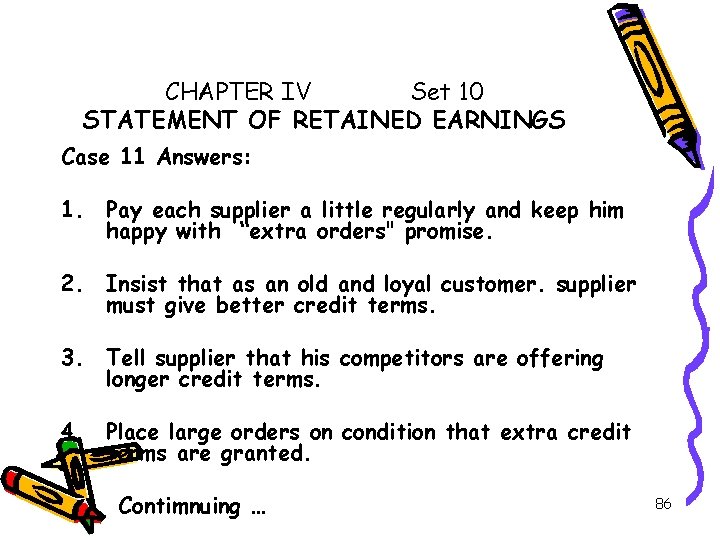 CHAPTER IV Set 10 STATEMENT OF RETAINED EARNINGS Case 11 Answers: 1. Pay each