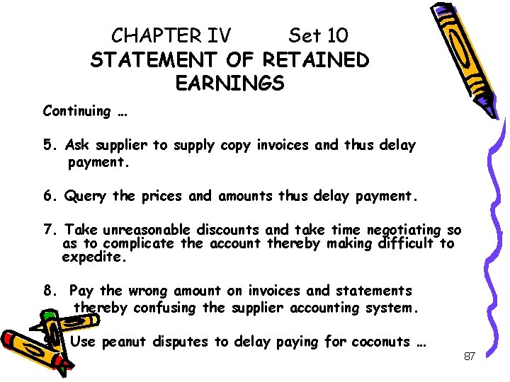 CHAPTER IV Set 10 STATEMENT OF RETAINED EARNINGS Continuing … 5. Ask supplier to