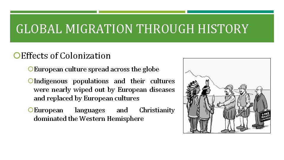 GLOBAL MIGRATION THROUGH HISTORY Effects of Colonization European culture spread across the globe Indigenous GLOBAL MIGRATION THROUGH HISTORY Effects of Colonization European culture spread across the globe Indigenous