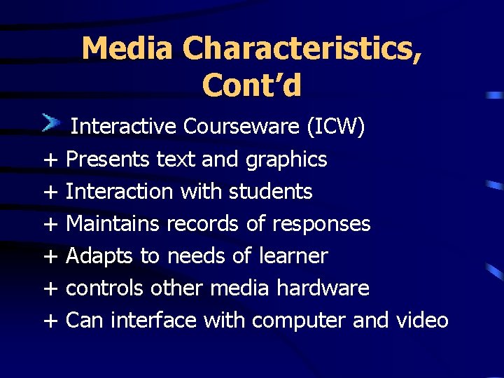 Media Characteristics, Cont’d + + + Interactive Courseware (ICW) Presents text and graphics Interaction