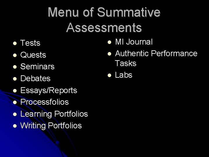 Menu of Summative Assessments l l l l Tests Quests Seminars Debates Essays/Reports Processfolios