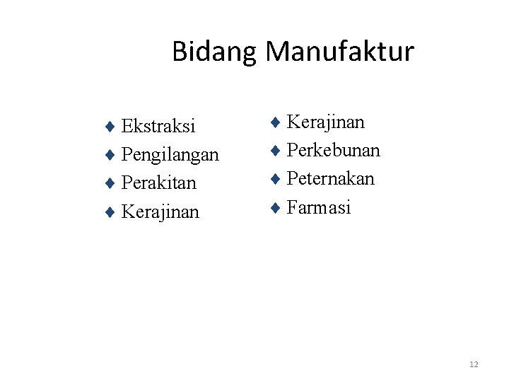 Bidang Manufaktur ¨ Ekstraksi ¨ Kerajinan ¨ Pengilangan ¨ Perkebunan ¨ Perakitan ¨ Peternakan