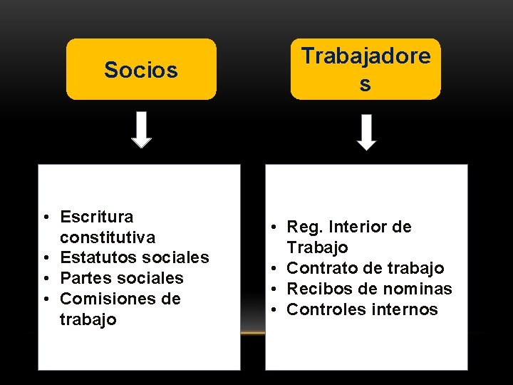 Socios • Escritura constitutiva • Estatutos sociales • Partes sociales • Comisiones de trabajo