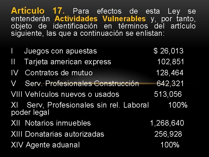 Artículo 17. Para efectos de esta Ley se entenderán Actividades Vulnerables y, por tanto,