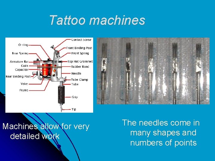 Tattoo machines Machines allow for very detailed work The needles come in many shapes