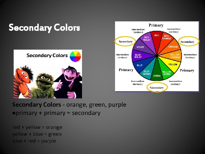 Secondary Colors - orange, green, purple primary + primary = secondary red + yellow Secondary Colors - orange, green, purple primary + primary = secondary red + yellow