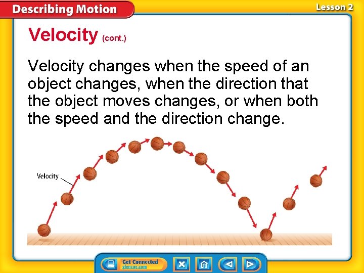 Velocity (cont. ) Velocity changes when the speed of an object changes, when the