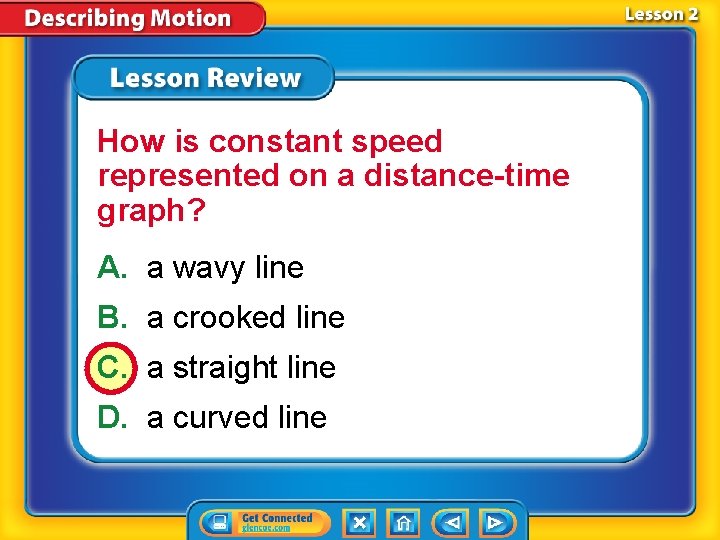How is constant speed represented on a distance-time graph? A. a wavy line B.