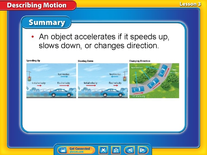  • An object accelerates if it speeds up, slows down, or changes direction.